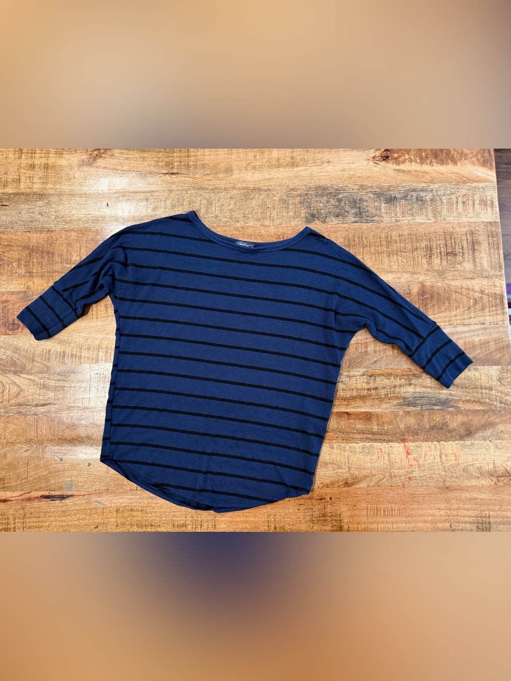 Market & Spruce Blue Black Striped 3/4 Sleeve Knit Top Medium